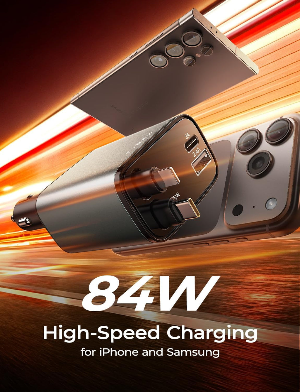 LISEN 2E7130 Retractable Car Charger 84W 4-in-1 Fast Charging Grey