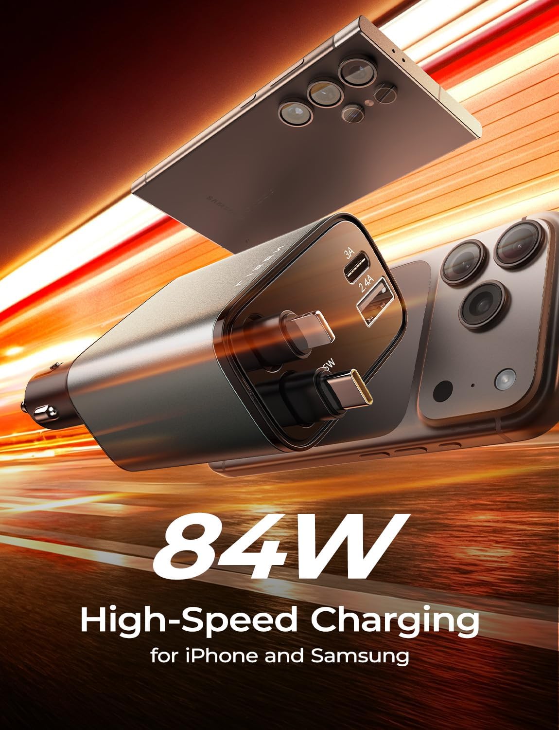 LISEN 2E7130 Retractable Car Charger 84W 4-in-1 Fast Charging Grey