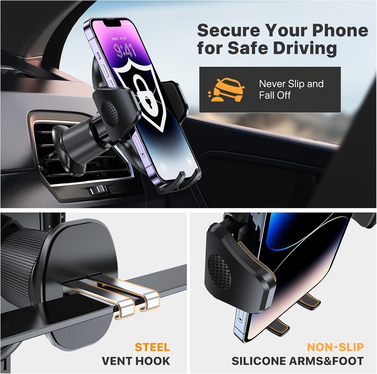Miracase Car Phone Holder Mount Metal Hook Clip Air Vent Universal Cradle Dark Black