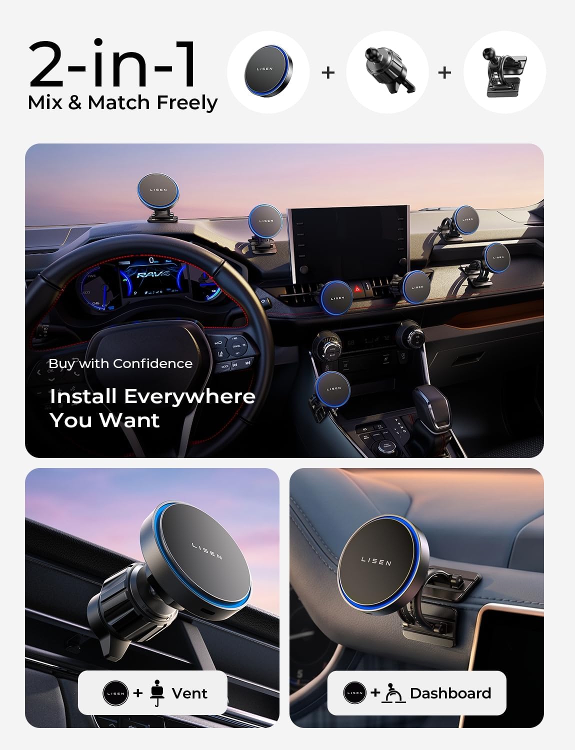 LISEN 15W MagSafe Car Mount Charger Magnetic Wireless Dashboard & Vent Black Gray