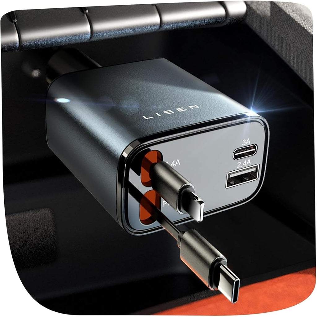 LISEN 2E7130 Retractable Car Charger 84W 4-in-1 Fast Charging Grey