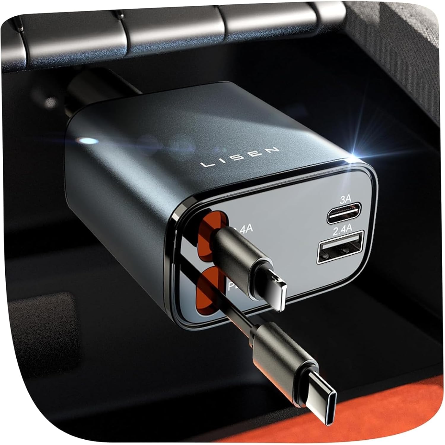 LISEN 2E7130 Retractable Car Charger 84W 4-in-1 Fast Charging Grey