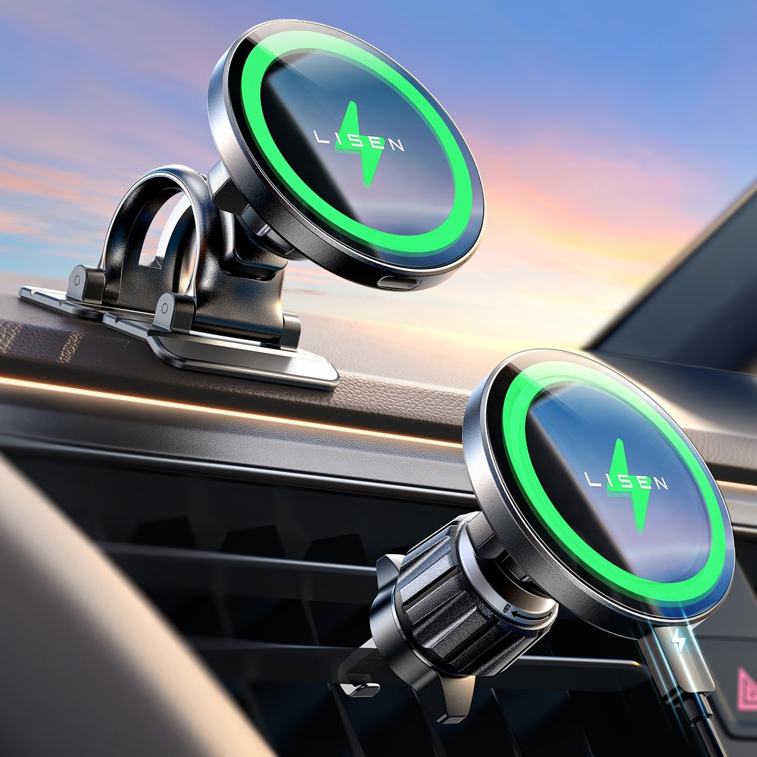 LISEN 15W MagSafe Car Mount Charger Magnetic Wireless Dashboard & Vent Black Gray