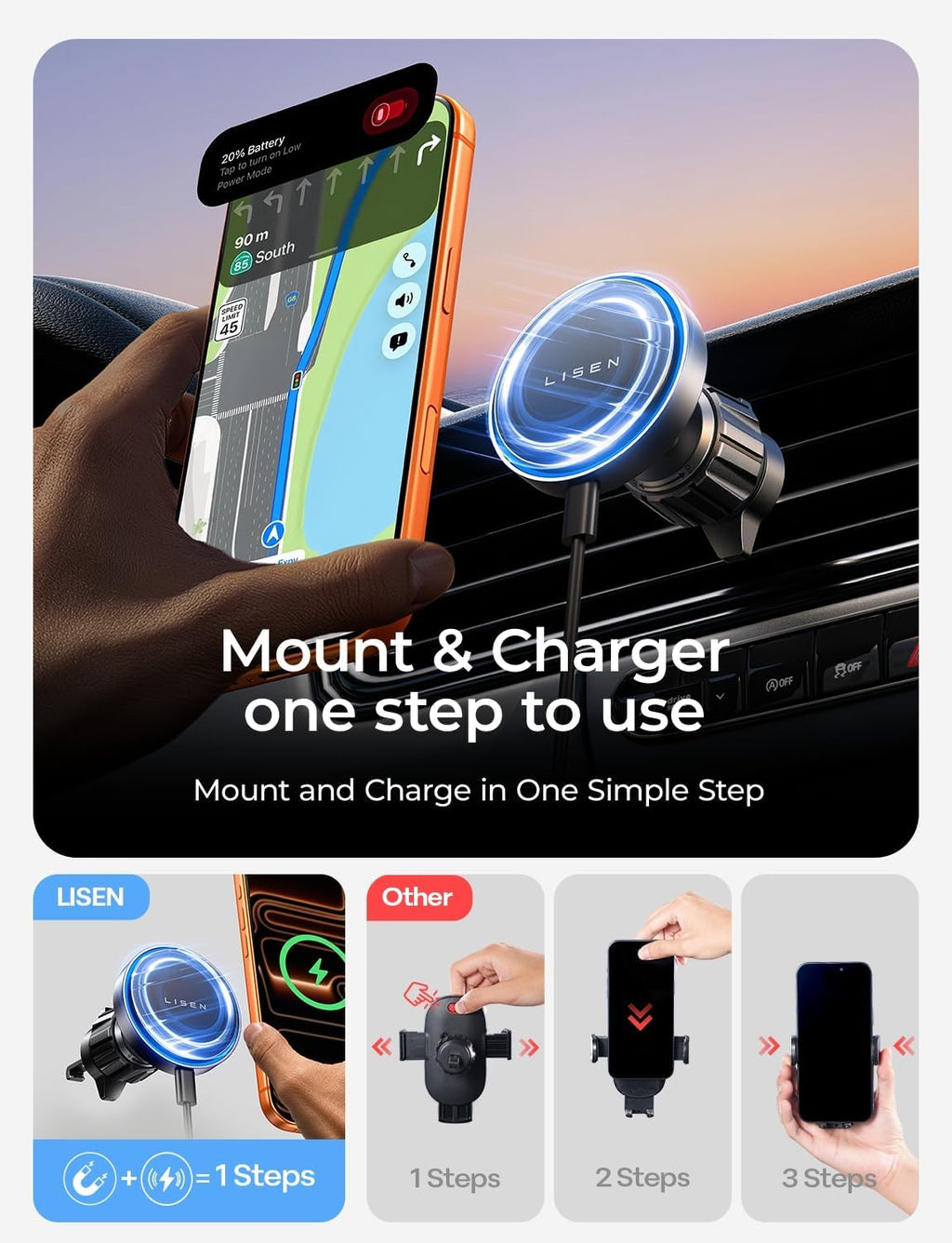 LISEN 15W MagSafe Car Mount Charger Magnetic Wireless Dashboard & Vent Black Gray
