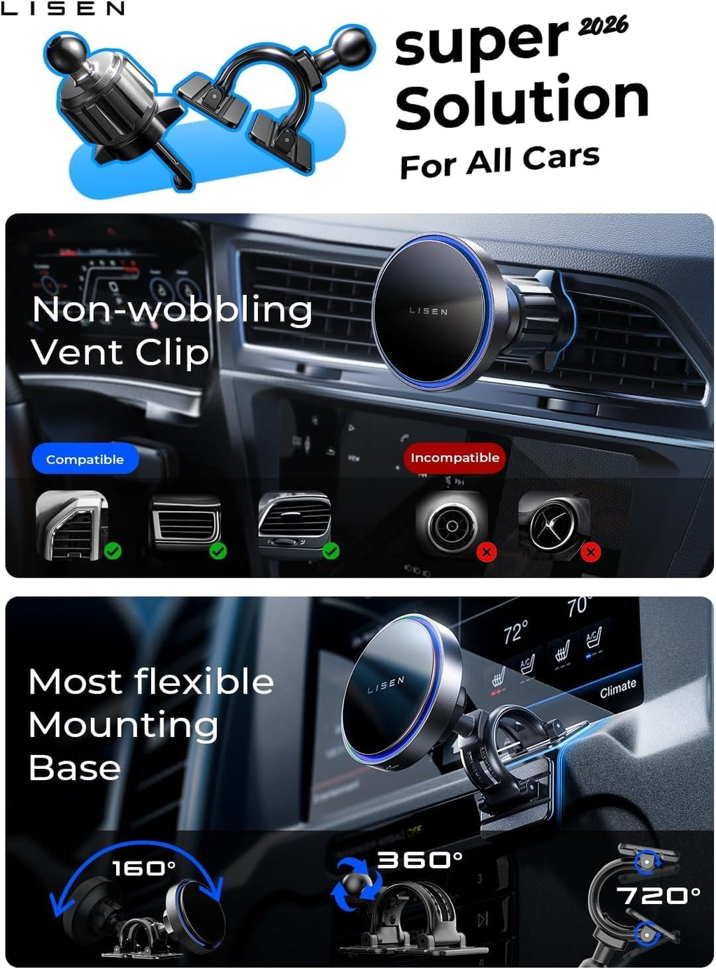 LISEN 15W MagSafe Car Mount Charger Magnetic Wireless Dashboard & Vent Black Gray