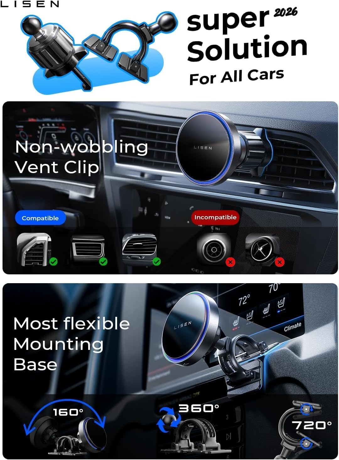 LISEN 15W MagSafe Car Mount Charger Magnetic Wireless Dashboard & Vent Black Gray
