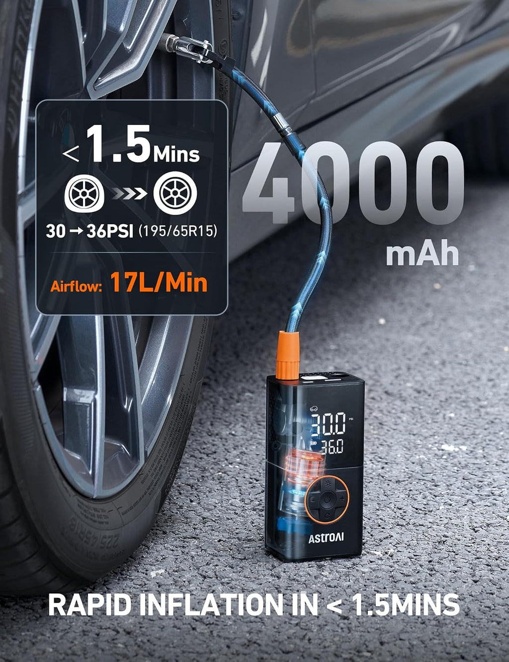 AstroAI L7 Cordless Tire Inflator 150 PSI Portable Air Compressor Orange