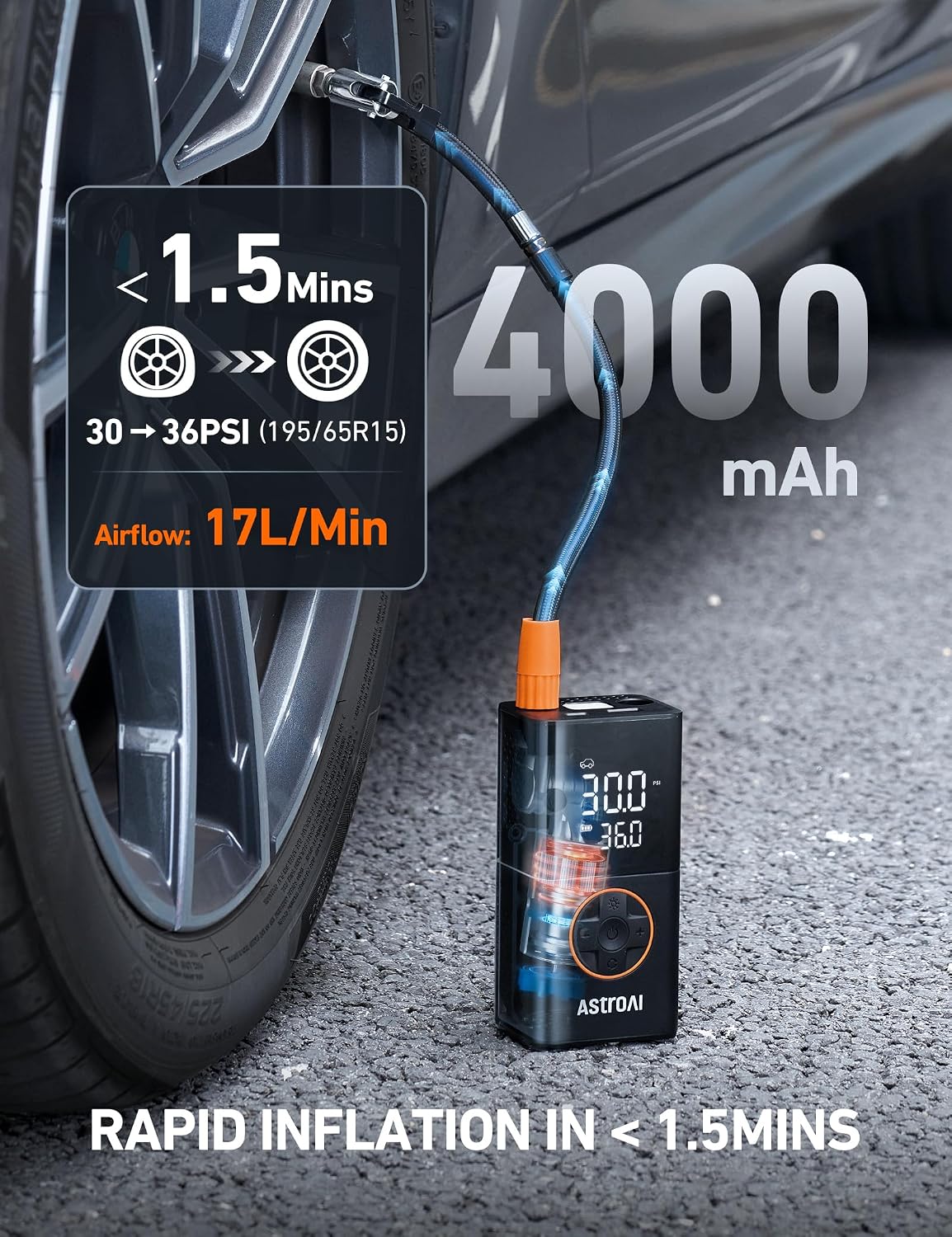 AstroAI L7 Cordless Tire Inflator 150 PSI Portable Air Compressor Orange