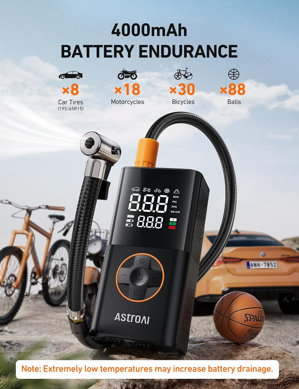AstroAI L7 Cordless Tire Inflator 150 PSI Portable Air Compressor Orange