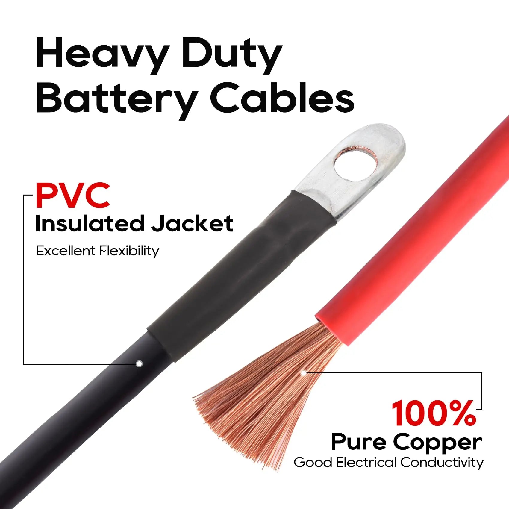 2 AWG Battery Inverter Cable Set 24-Inch Pure Copper Wire with 3/8" Ring Terminals