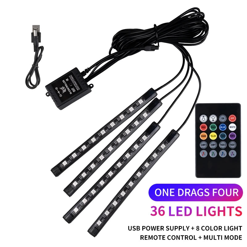Neon LED Car Interior Ambient Foot Strip Light Kit RGB Backlight Remote App Music Control