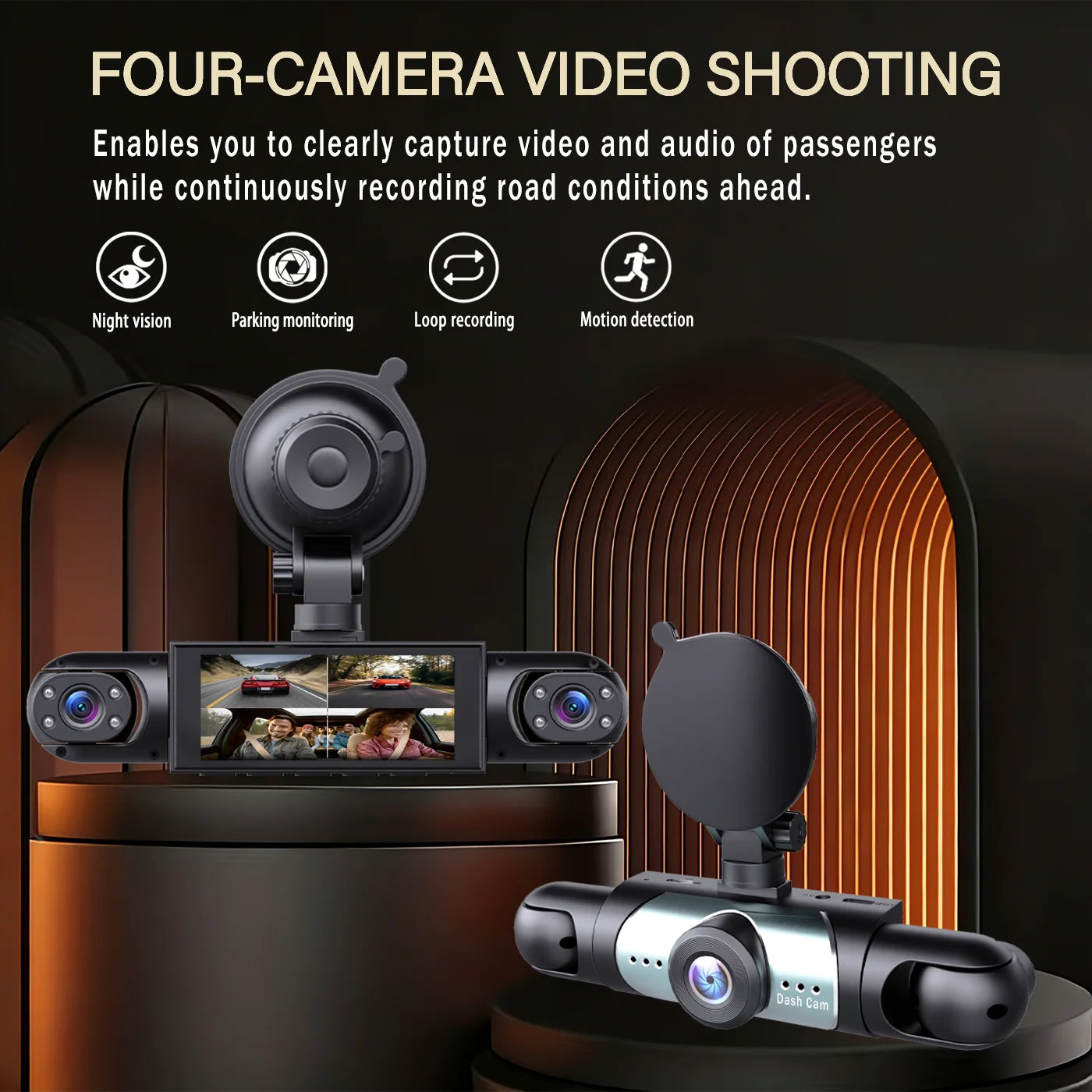 4-Lens 360° Dash Cam 1080P Front 720P Built-in Rear Left Right Cameras Night Vision Loop Recording G-Sensor WDR