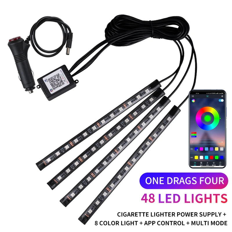 Neon LED Car Interior Ambient Foot Strip Light Kit RGB Backlight Remote App Music Control