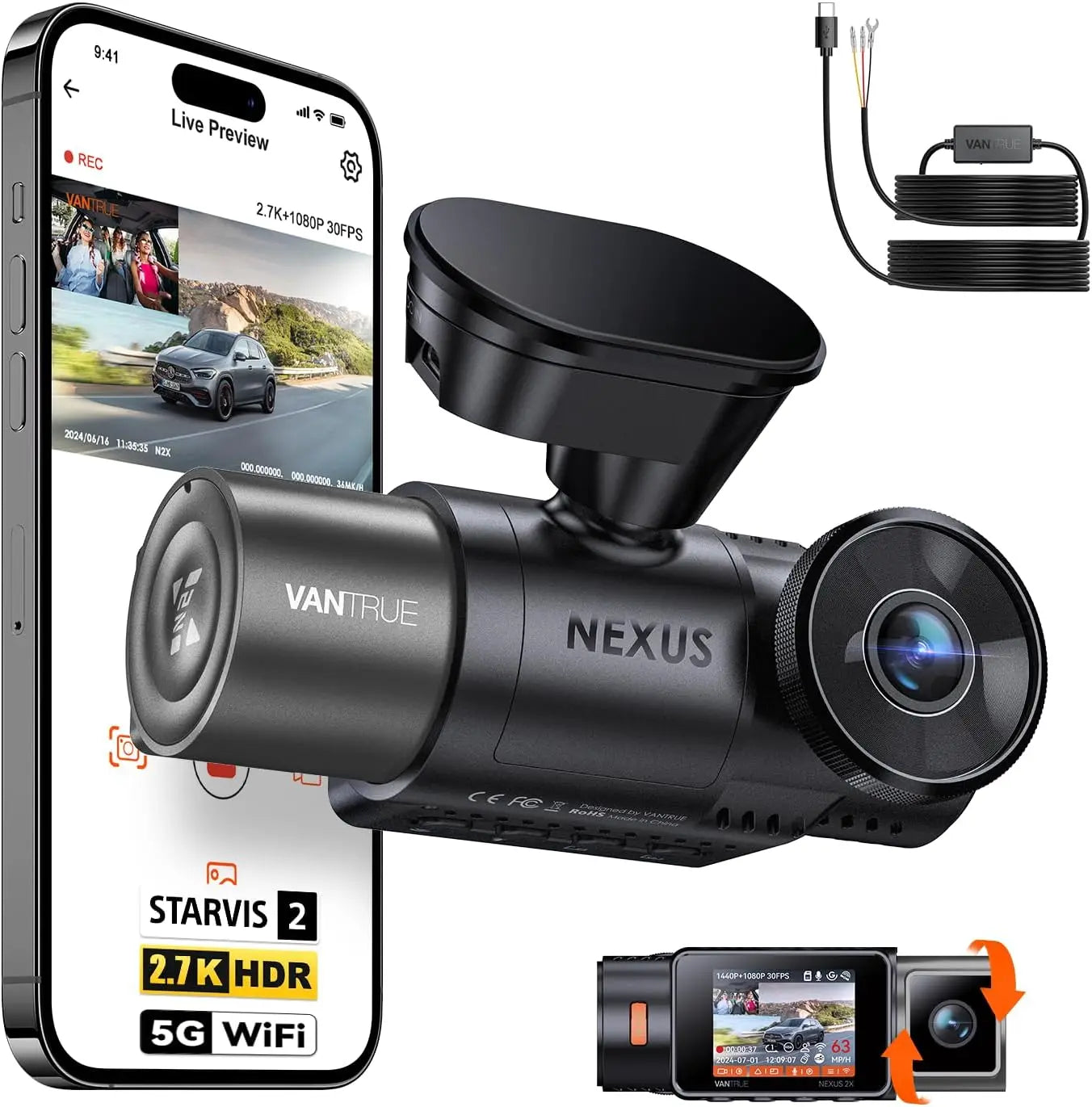 Vantrue N2X 2.7K HDR Dual Dash Cam Front and Inside 5G WiFi GPS Night Vision Voice Control