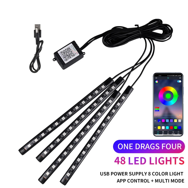 Neon LED Car Interior Ambient Foot Strip Light Kit RGB Backlight Remote App Music Control