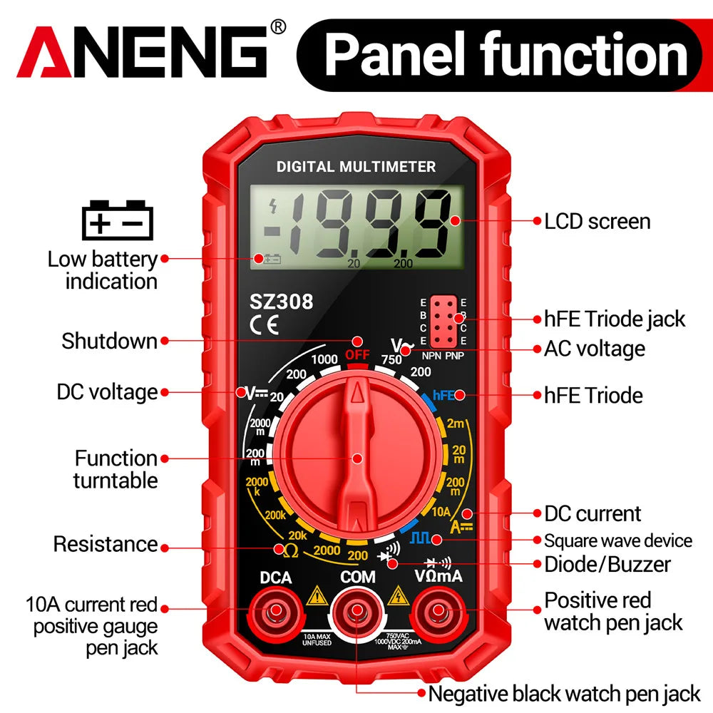 Digital Multimeter AC/DC Voltage Current Resistance Tester with LCD Screen
