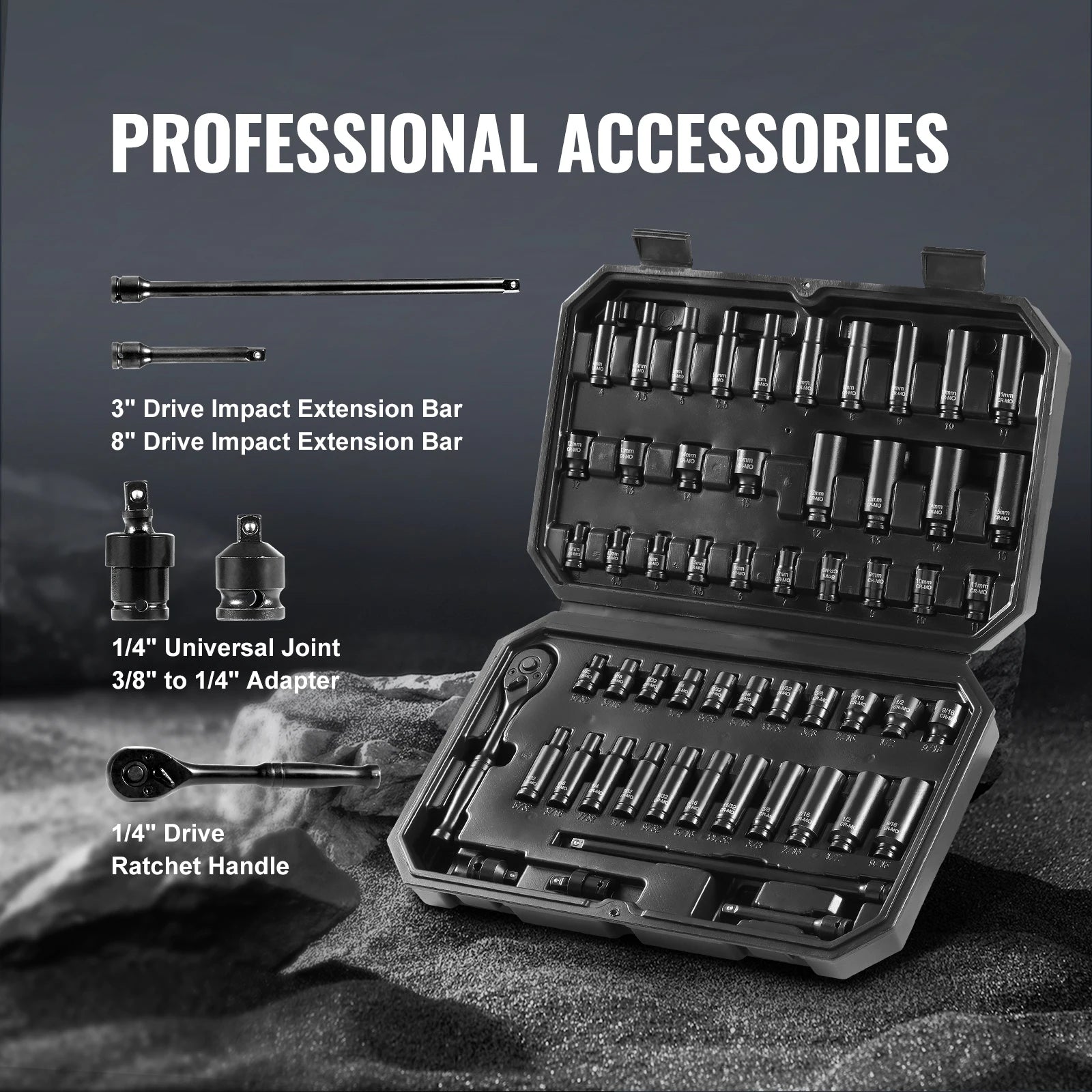 1/4-Inch Drive Impact Socket Set 55-Piece CR-V Alloy Steel Deep & Shallow with Case