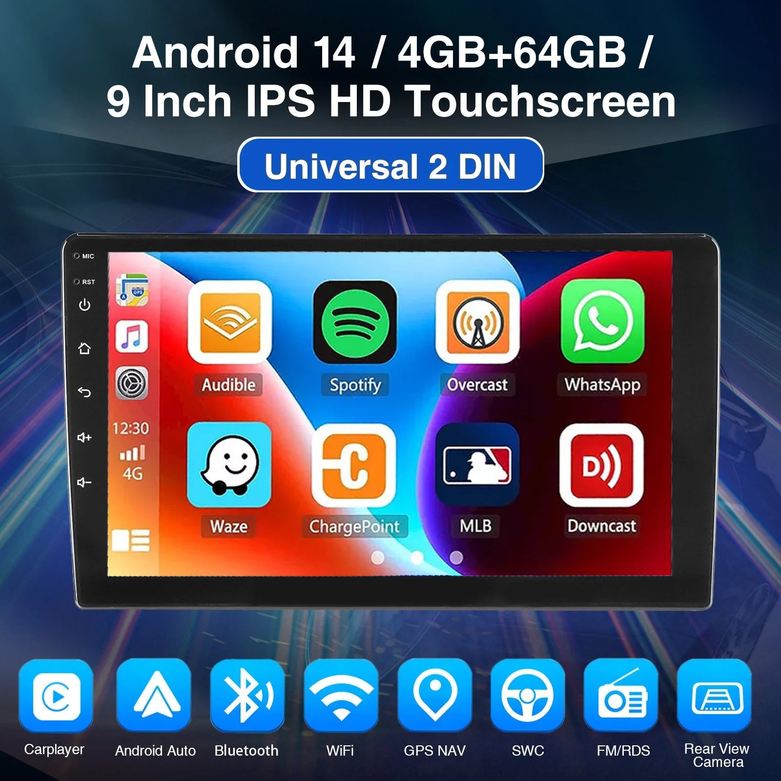 Android 15 Double DIN Car Stereo 4GB RAM 64GB ROM Wireless CarPlay Android Auto GPS FM Radio Touchscreen