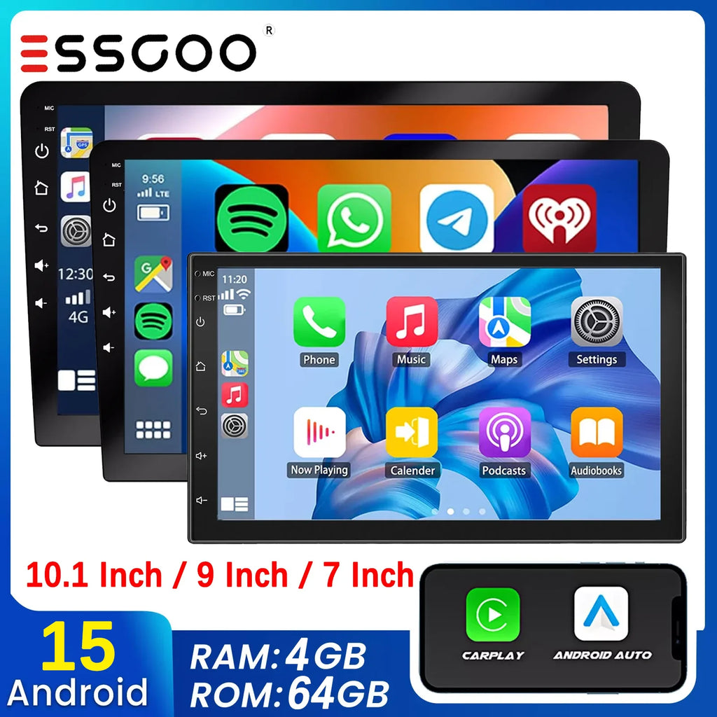 Android 15 Double DIN Car Stereo 4GB RAM 64GB ROM Wireless CarPlay Android Auto GPS FM Radio Touchscreen