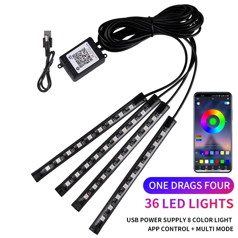 Neon LED Car Interior Ambient Foot Strip Light Kit RGB Backlight Remote App Music Control