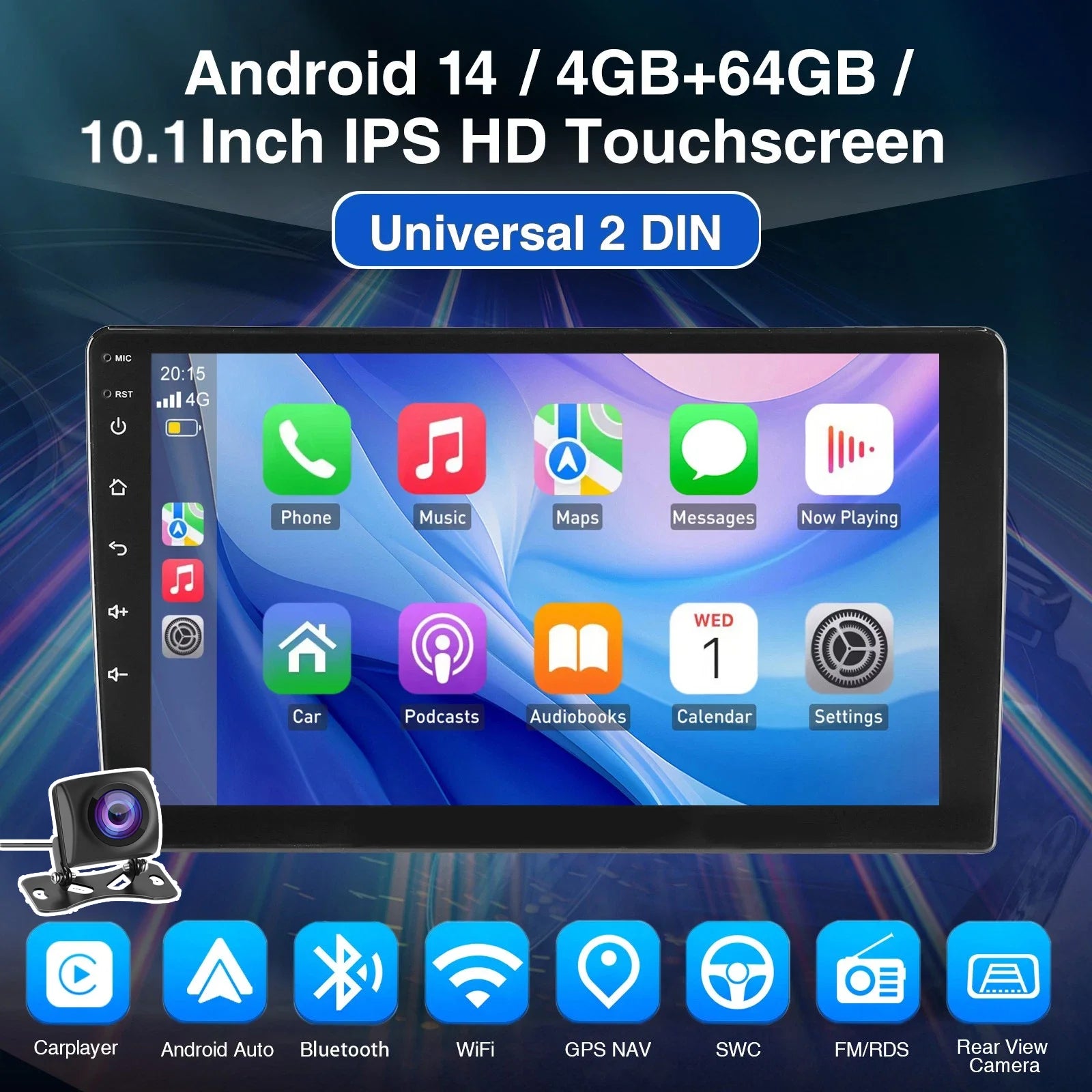 Android 15 Double DIN Car Stereo 4GB RAM 64GB ROM Wireless CarPlay Android Auto GPS FM Radio Touchscreen