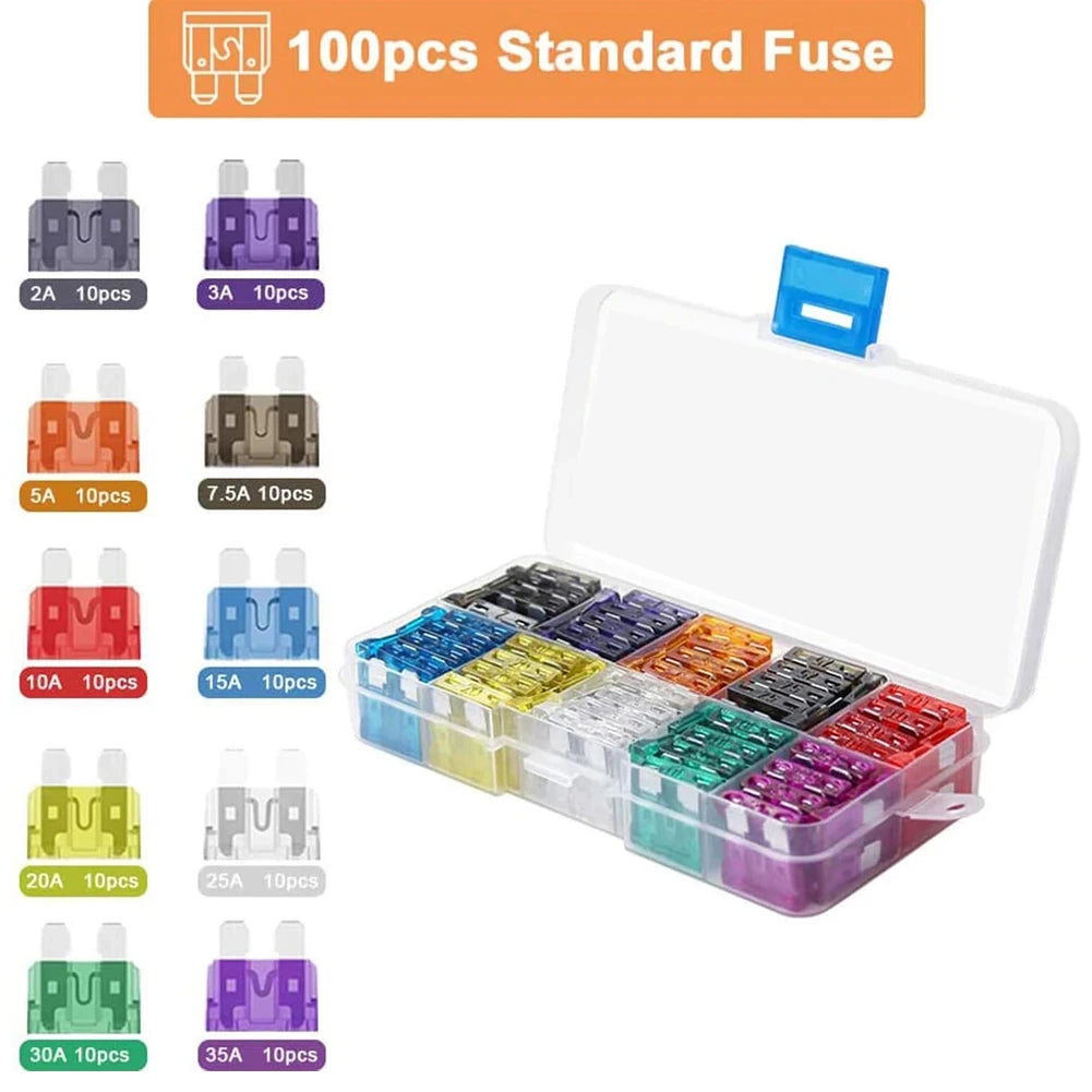 100-Piece Auto Fuse Kit 2A to 35A Blade Type Assortment with Box