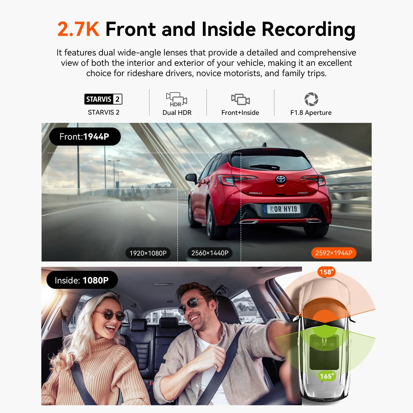 Vantrue N2X 2.7K HDR Dual Dash Cam Front and Inside 5G WiFi GPS Night Vision Voice Control