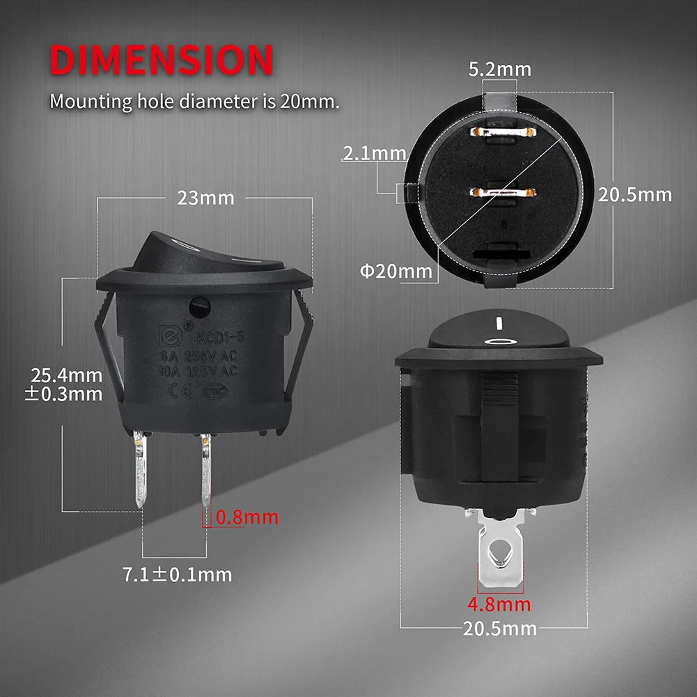 Round Rocker Switch ON/Off 20mm 2-Pin SPST 12V 24V for Car Boat RV 5-Pack