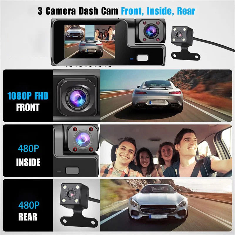 3-Channel 1080P Dash Cam with Front Inside Rear Cameras Night Vision G-Sensor Loop Recording