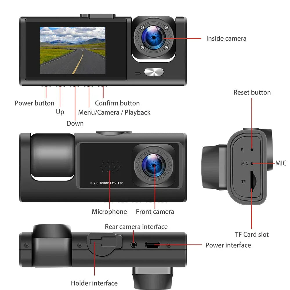 3-Channel 1080P Dash Cam with Front Inside Rear Cameras Night Vision G-Sensor Loop Recording