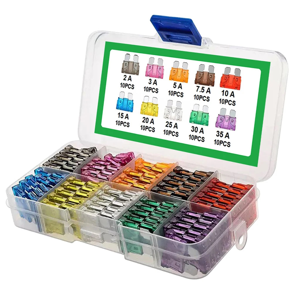100-Piece Auto Fuse Kit 2A to 35A Blade Type Assortment with Box