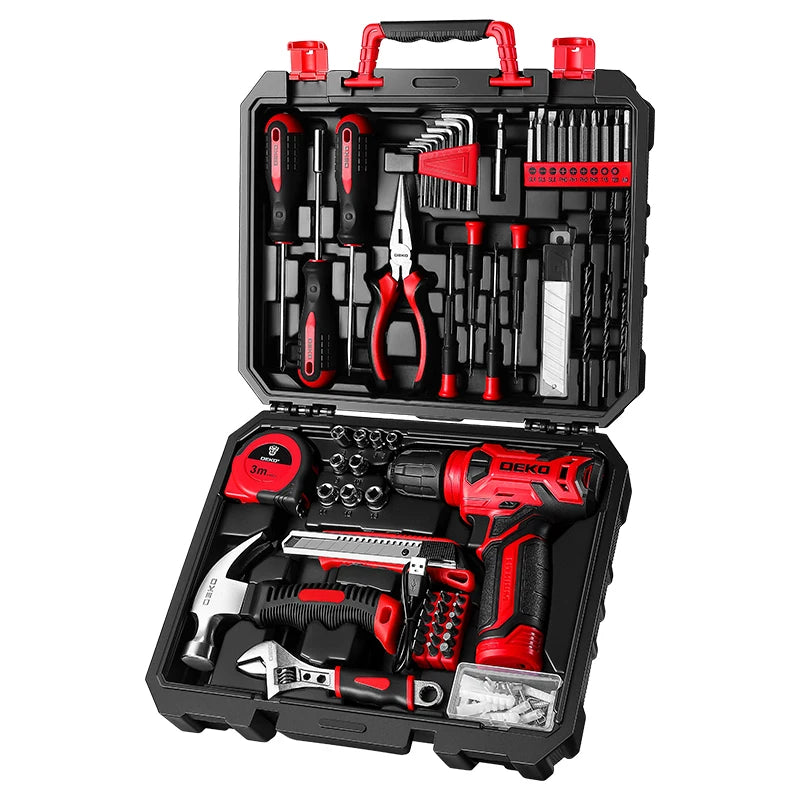 8V Cordless Drill 126-Piece Home Tool Kit with Hand Tools for Women Red