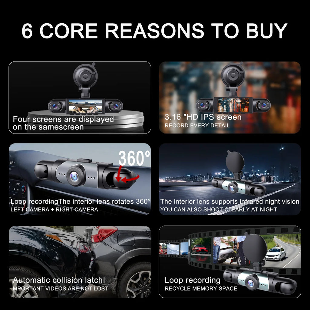 4-Lens 360° Dash Cam 1080P Front 720P Built-in Rear Left Right Cameras Night Vision Loop Recording G-Sensor WDR