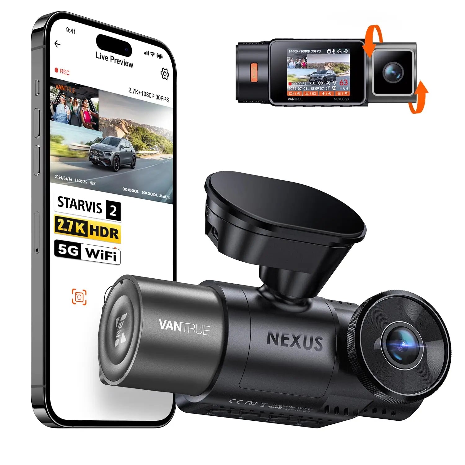 Vantrue N2X 2.7K HDR Dual Dash Cam Front and Inside 5G WiFi GPS Night Vision Voice Control