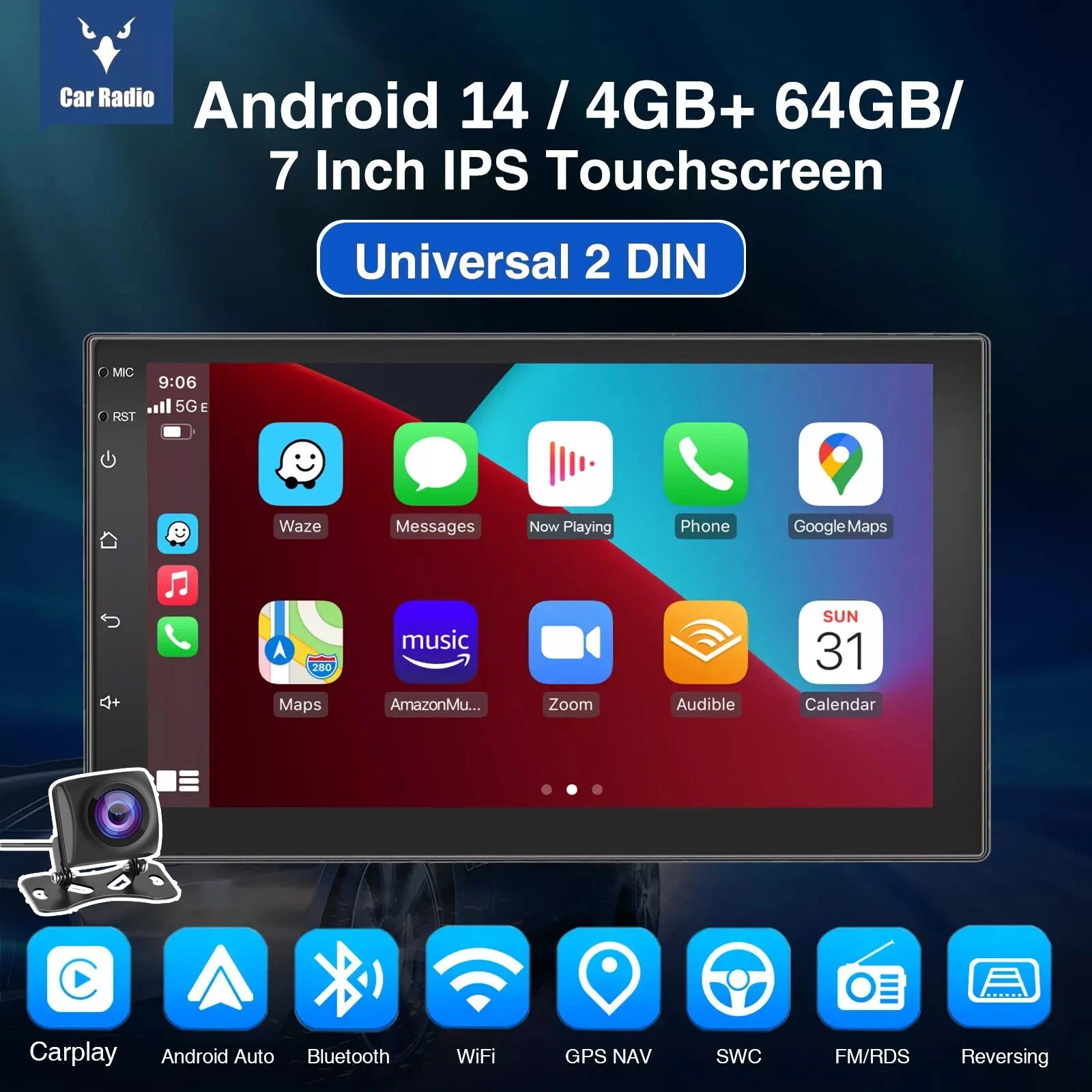 Android 15 Double DIN Car Stereo 4GB RAM 64GB ROM Wireless CarPlay Android Auto GPS FM Radio Touchscreen