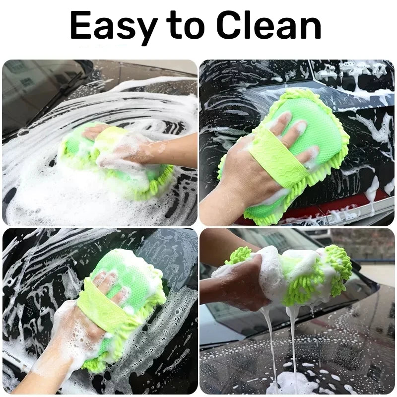 Microfiber Car Wash Sponge Cleaning Detailing Towel Gloves Styling Accessories Green