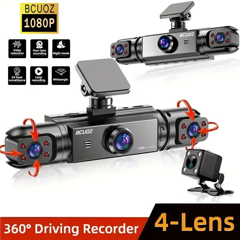 4-Lens 360° Dash Cam 1080P Front 720P Built-in Rear Left Right Cameras Night Vision Loop Recording G-Sensor WDR