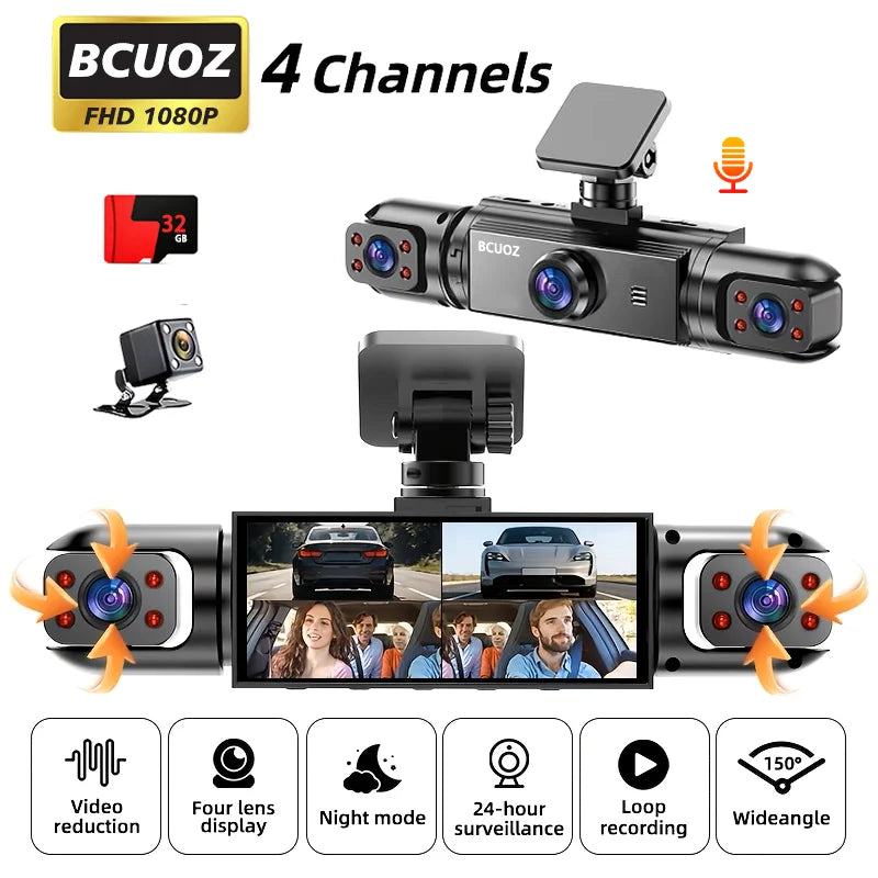 4-Lens 360° Dash Cam 1080P Front 720P Built-in Rear Left Right Cameras Night Vision Loop Recording G-Sensor WDR