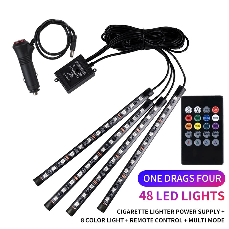Neon LED Car Interior Ambient Foot Strip Light Kit RGB Backlight Remote App Music Control