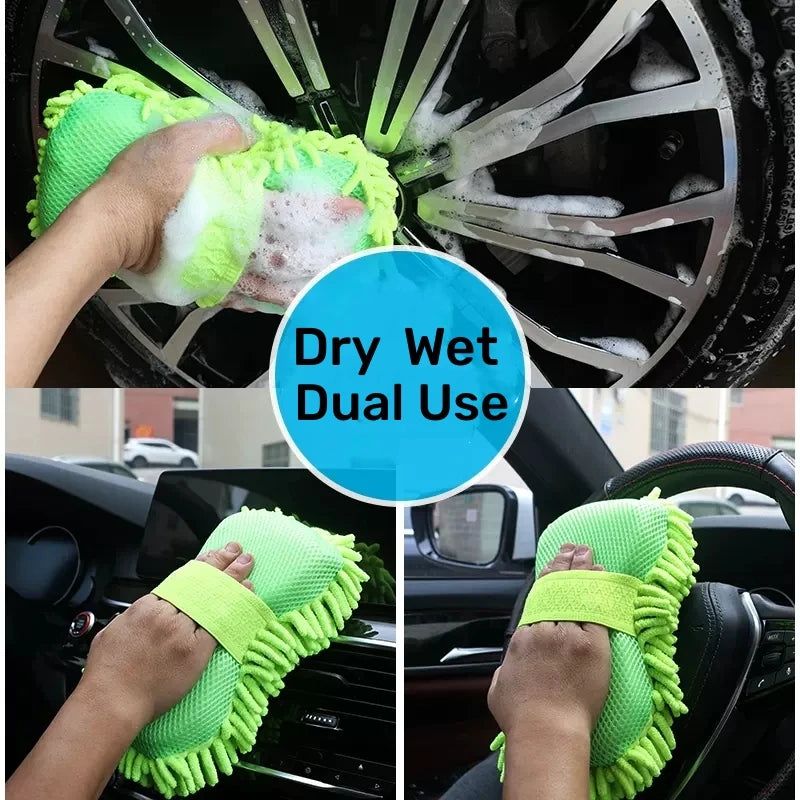 Microfiber Car Wash Sponge Cleaning Detailing Towel Gloves Styling Accessories Green