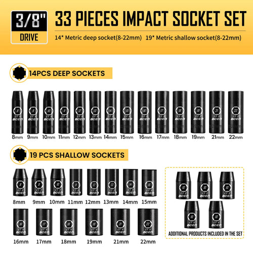 3/8-Inch Drive Impact Socket Set 57-Piece SAE & Metric Deep & Shallow with Ratchet