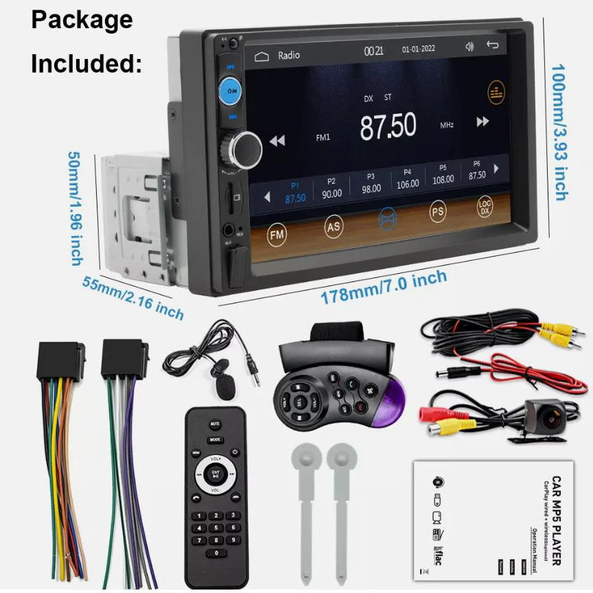 7-Inch Single DIN Car Stereo with Wired Apple CarPlay Android Auto Bluetooth FM Backup Camera