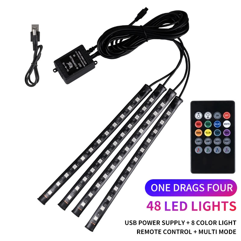 Neon LED Car Interior Ambient Foot Strip Light Kit RGB Backlight Remote App Music Control
