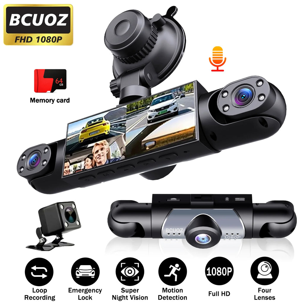4-Lens 360° Dash Cam 1080P Front 720P Built-in Rear Left Right Cameras Night Vision Loop Recording G-Sensor WDR