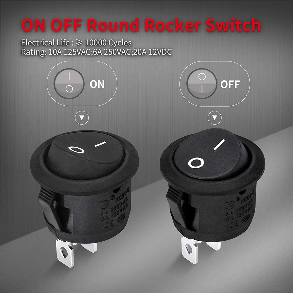 Round Rocker Switch ON/Off 20mm 2-Pin SPST 12V 24V for Car Boat RV 5-Pack