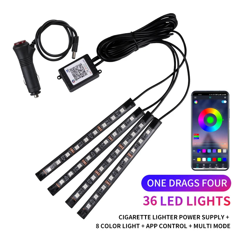 Neon LED Car Interior Ambient Foot Strip Light Kit RGB Backlight Remote App Music Control