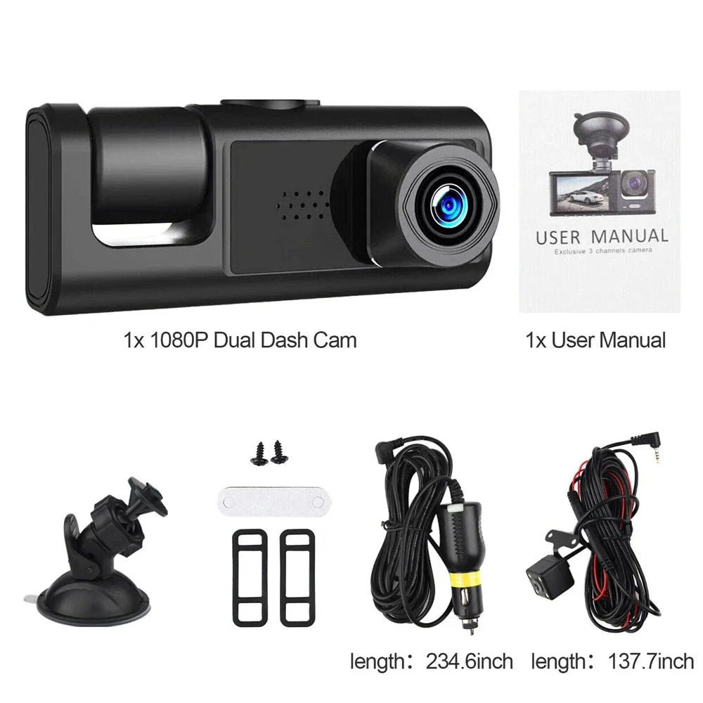 3-Channel 1080P Dash Cam with Front Inside Rear Cameras Night Vision G-Sensor Loop Recording