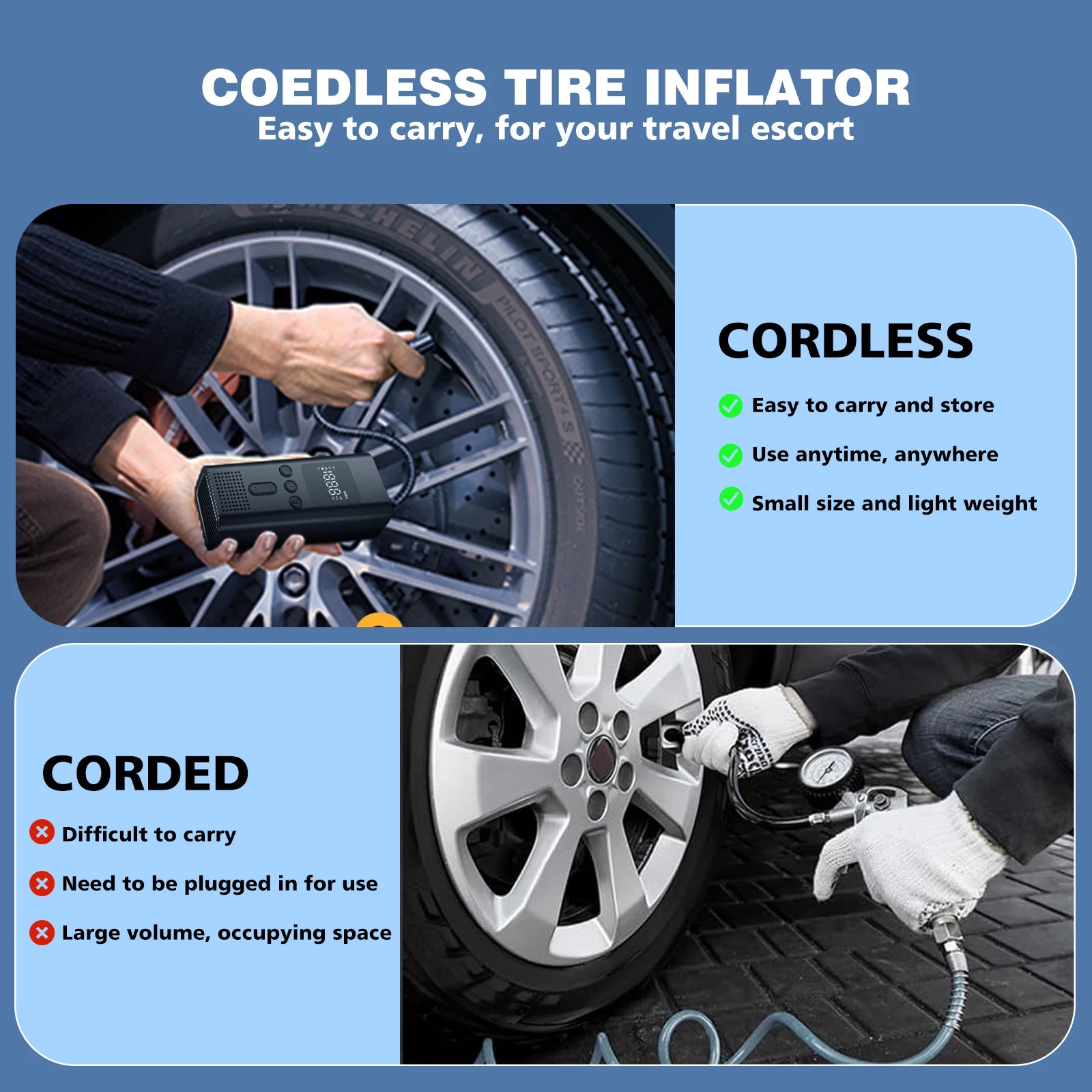 Portable Cordless Tire Inflator 150 PSI Digital Air Pump for Car Bicycle