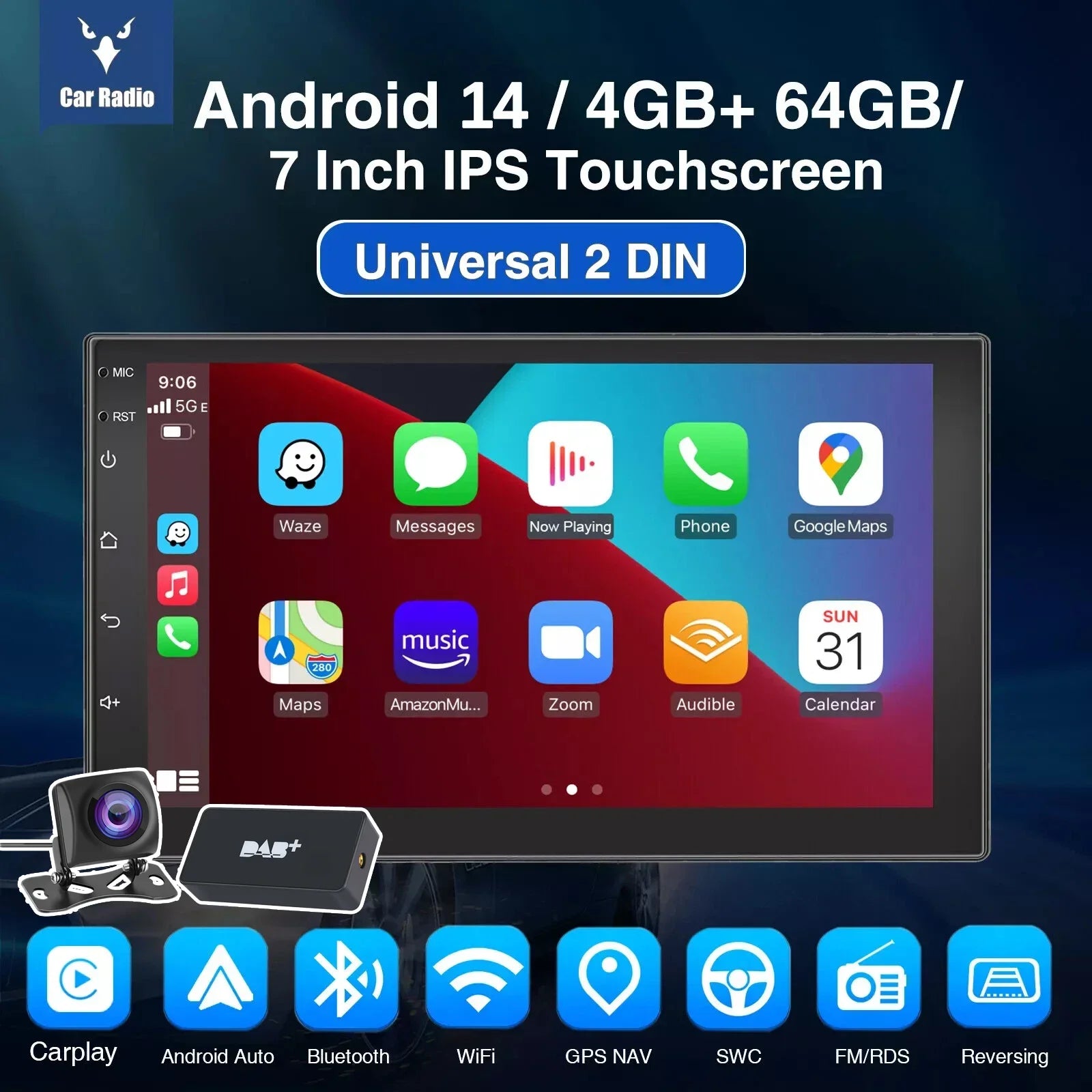 Android 15 Double DIN Car Stereo 4GB RAM 64GB ROM Wireless CarPlay Android Auto GPS FM Radio Touchscreen