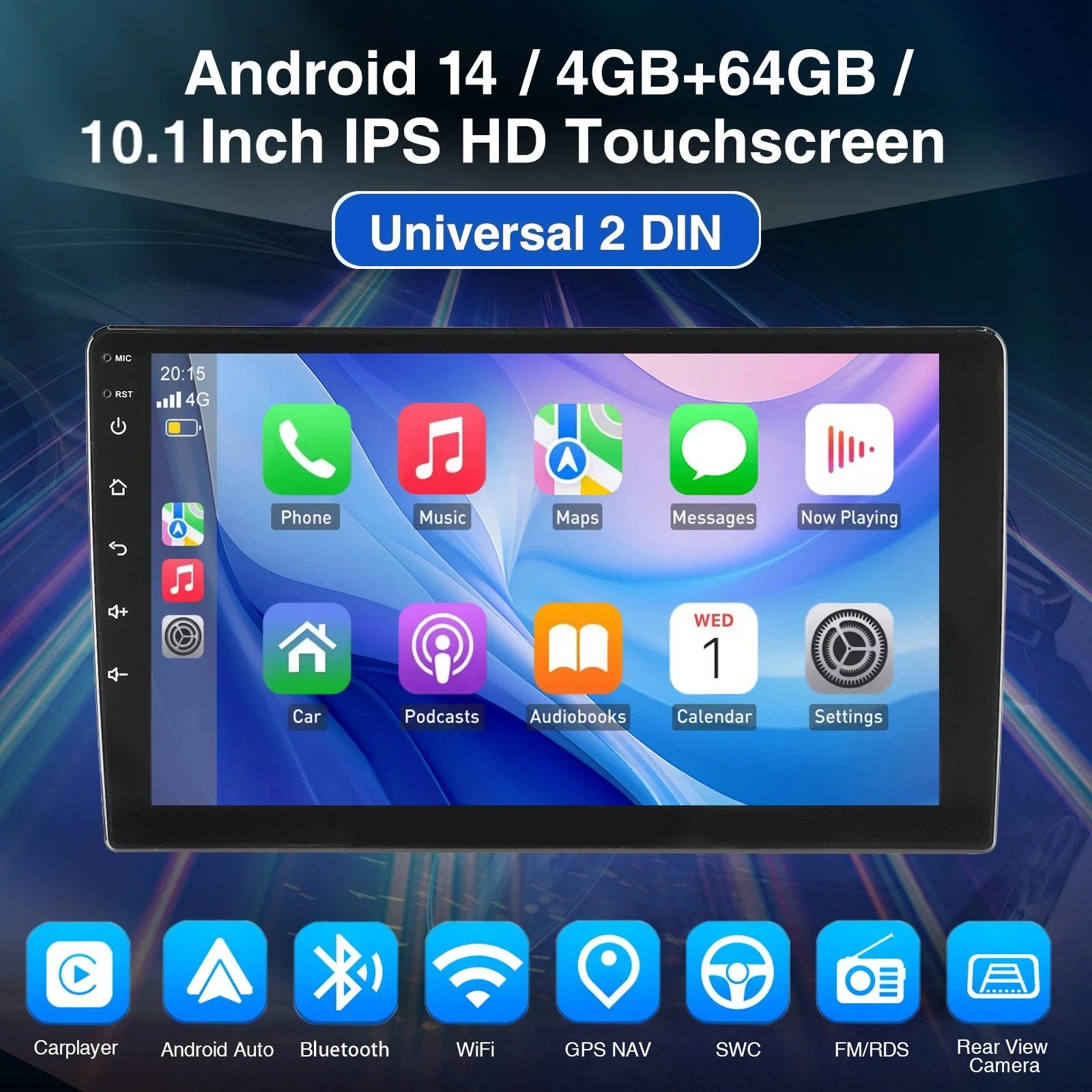 Android 15 Double DIN Car Stereo 4GB RAM 64GB ROM Wireless CarPlay Android Auto GPS FM Radio Touchscreen